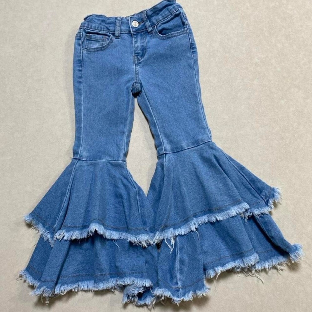 SUPER CUTE! Gogo Star blue denim ruffle flare jeans with frayed hem